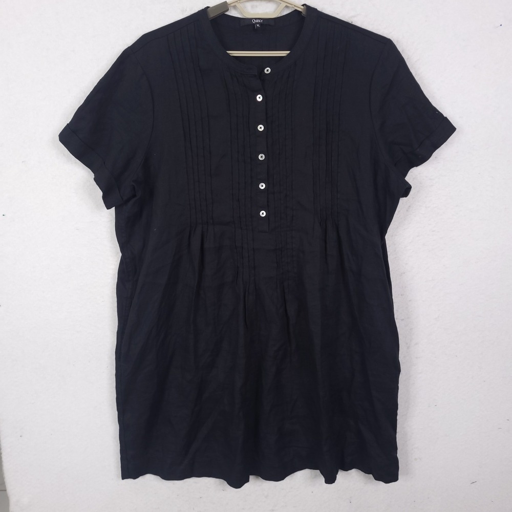 Quince Linen Pintuck Tunic Women XL Black Short Sleeve Henley Pockets Minimalist